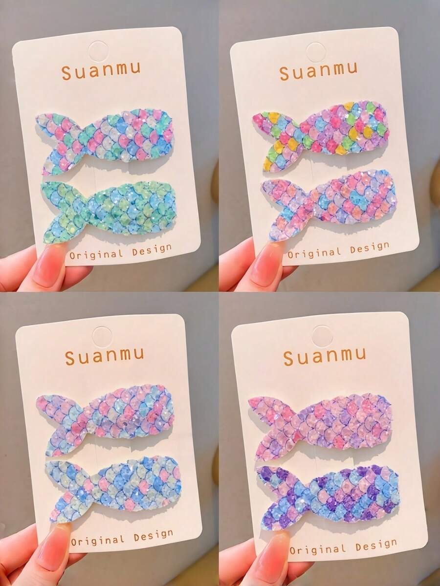 8pcs Shiny Mermaid Fish Scale Fish Tail Hair Clips, Glittery Side Bangs Hair Clips, Sweet Women's Hair Accessories - Multicolor - View 1