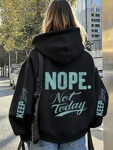 Letter Print Pattern Sweatshirt, Plus Size Women's Casual Autumn/Winter Long Sleeve Pocket Hooded Sweatshirt Black - Black - View 1