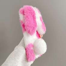 (Follow Store And Favorite Product To Get A Free Lanyard) Cute 3D Plush Rabbit Phone Case, Blue And White Patchwork, Fluffy Rabbit Ears, Ball Tail, Warm Plush Soft, Shockproof Protective Shell, Suitable For Multiple Smartphone Models - Pink/Free Rope - View 3