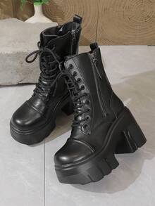 Women's Chunky High Heel Boots With Side Zipper And Lace-Up, Thick Sole Height-Increasing Short Work Boots, Sweet Cool Style For Petite - Black - View 2
