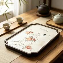 New Chinese Style Floral Bird Peach Print Wooden Tray, Tea Room Tea Set Storage Display Plate, Desktop Decor Tea Tray - Multicolor - View 3