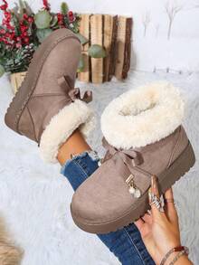 Women's Faux Suede Thick Sole Snow Boots, Foldable Plush Sock Collar With Bow Ribbon And Pearl Pendant Decoration - Grey - View 6