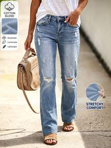 New Women's Fashion Elastic Distressed Skinny Jeans With Pockets - Elastic Straight Leg Jeans Casual Spring Fall - Medium Wash - View 1