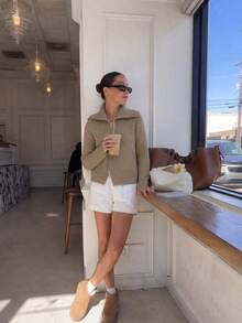 2026 Women's Designer Ribbed Knit Cardigan, Mocha Brown Full Zip Statement Collar Sweater, Relaxed Long Sleeve Chic Fall Winter Top - Khaki - View 2