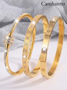 1/3Pcs 18K Gold Plated Stainless Steel Bangle Set, Square Bezel Zirconia Stackable Bracelets, Daily Wear Holiday Gift For Women - Gold - View 1