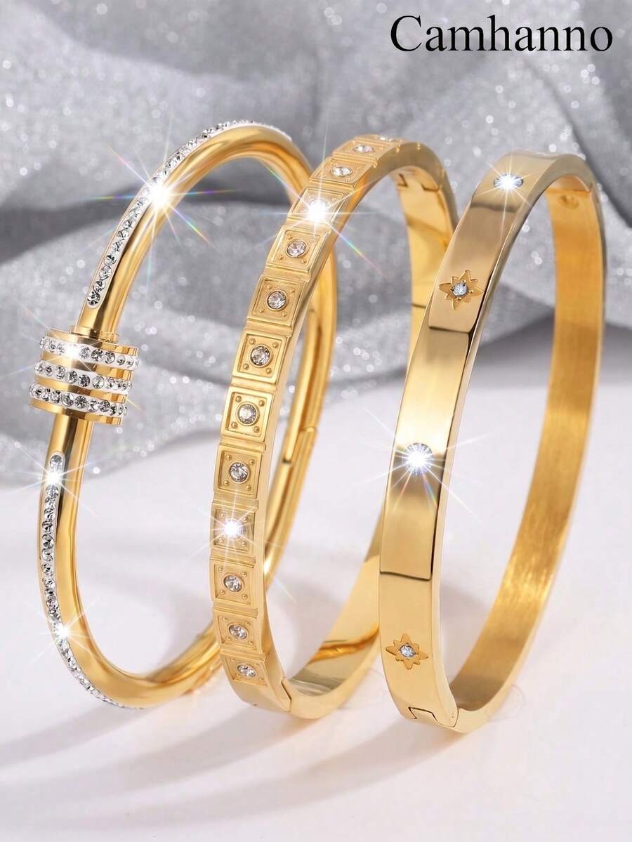 1/3Pcs 18K Gold Plated Stainless Steel Bangle Set, Square Bezel Zirconia Stackable Bracelets, Daily Wear Holiday Gift For Women - Gold - View 1