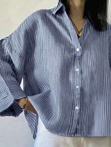 Kemeja Lengan Panjang Wanita Bergaris Poliester dengan Desain Bahu Longgar, Kancing Depan, Panjang Standar, Bahan Tidak Melar, Atasan Musim Semi - Biru tua - View 3
