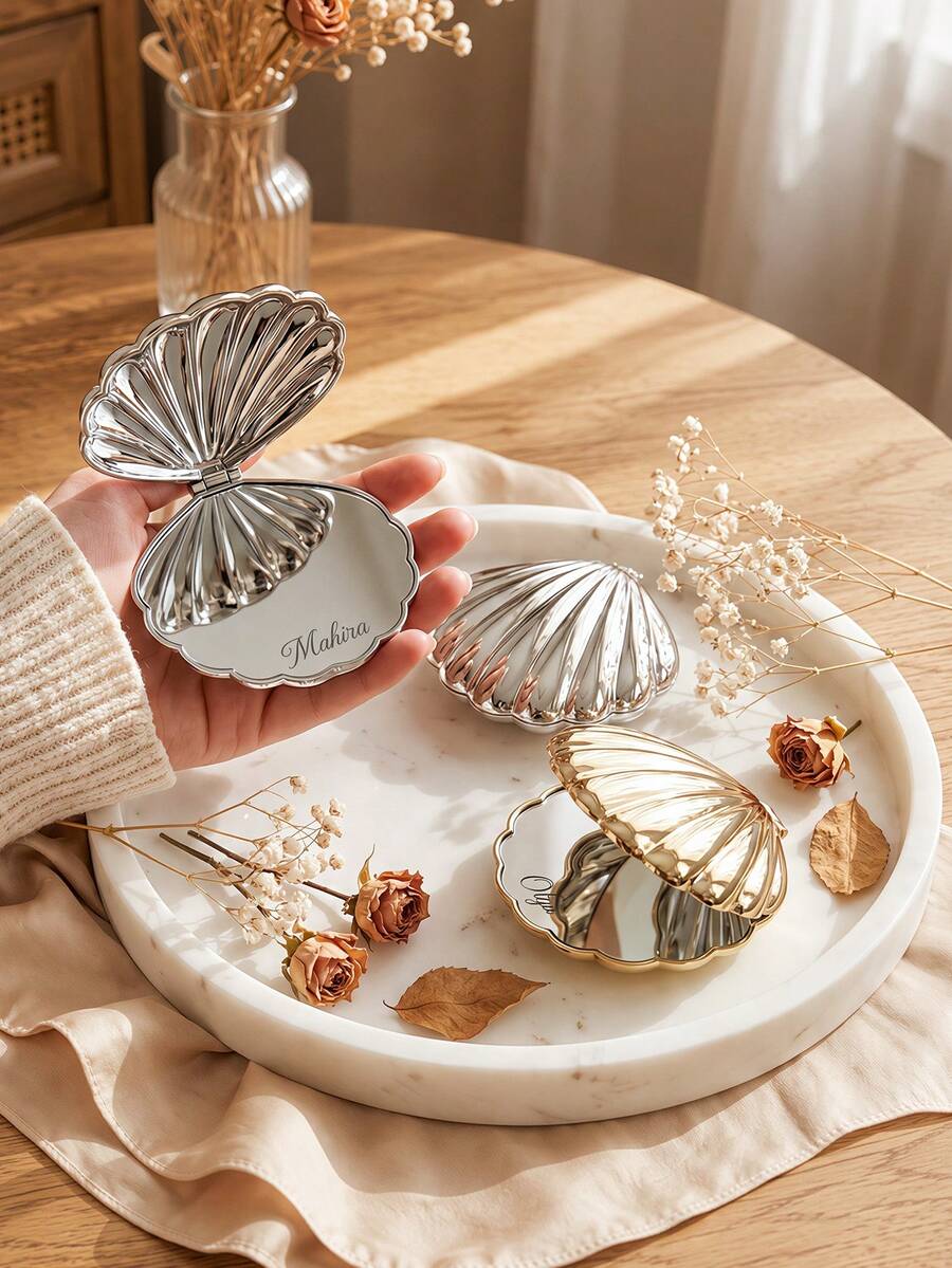 Personalized Seashell Makeup Mirror, Engraved Clam Shell Pocket Mirror, Bridesmaid Gift - Multicolor - View 1