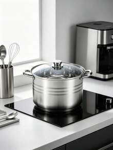1 Pc Large‑Capacity Stainless Steel Double‑Handled Deep Stock Pot With Tempered Glass Lid, Multiple Sizes Available, Thickened Composite Bottom, Compatible With Gas And Induction Cooktops, Suitable For Soup‑Making And Meat Stewing In Home Kitchen - View 7