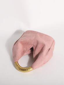 1pc Lotus Pink Textured Velvet Ruffled Design Vintage Metal Hardware Handbag, Exquisite Fashion Zipper Bucket Bag Suitable For Commuting And Shopping - Dusty Pink - View 4