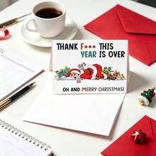 1pc Funny Christmas Card, "Thanks For The Year Ending" Cartoon Santa Claus Folded Christmas Card With Envelope, Blank Handwritten Greeting Card, Christmas Gift Card For Friends And Colleagues - View 1