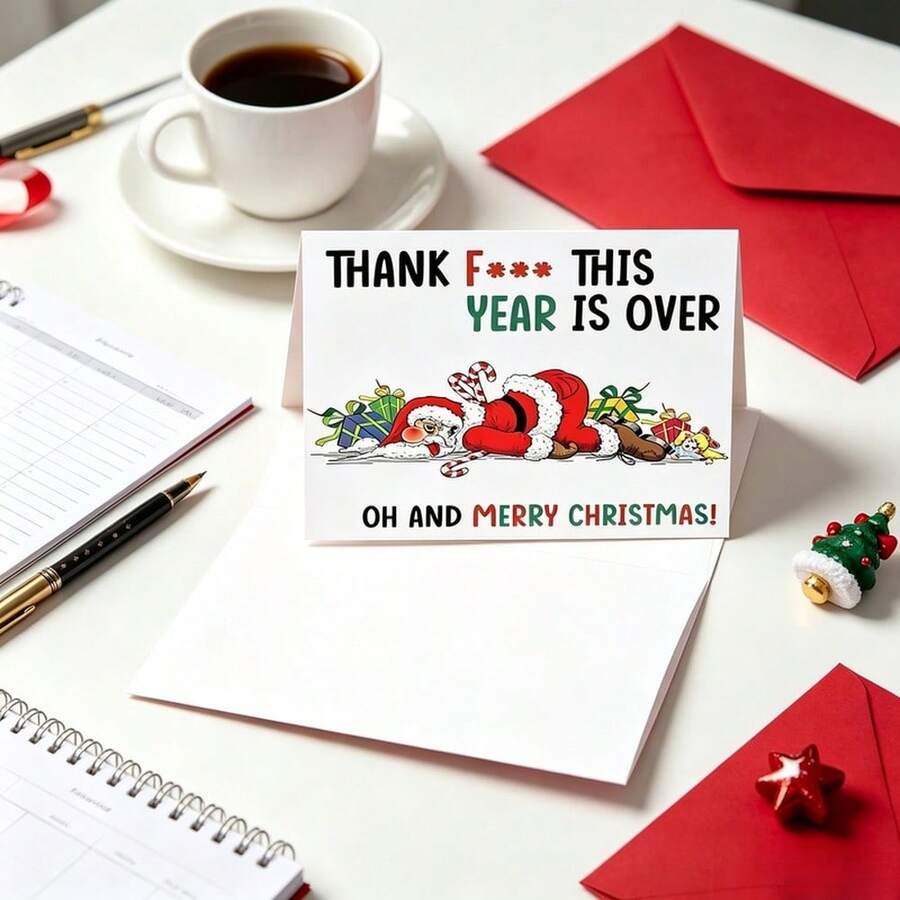 1pc Funny Christmas Card, "Thanks For The Year Ending" Cartoon Santa Claus Folded Christmas Card With Envelope, Blank Handwritten Greeting Card, Christmas Gift Card For Friends And Colleagues - View 1