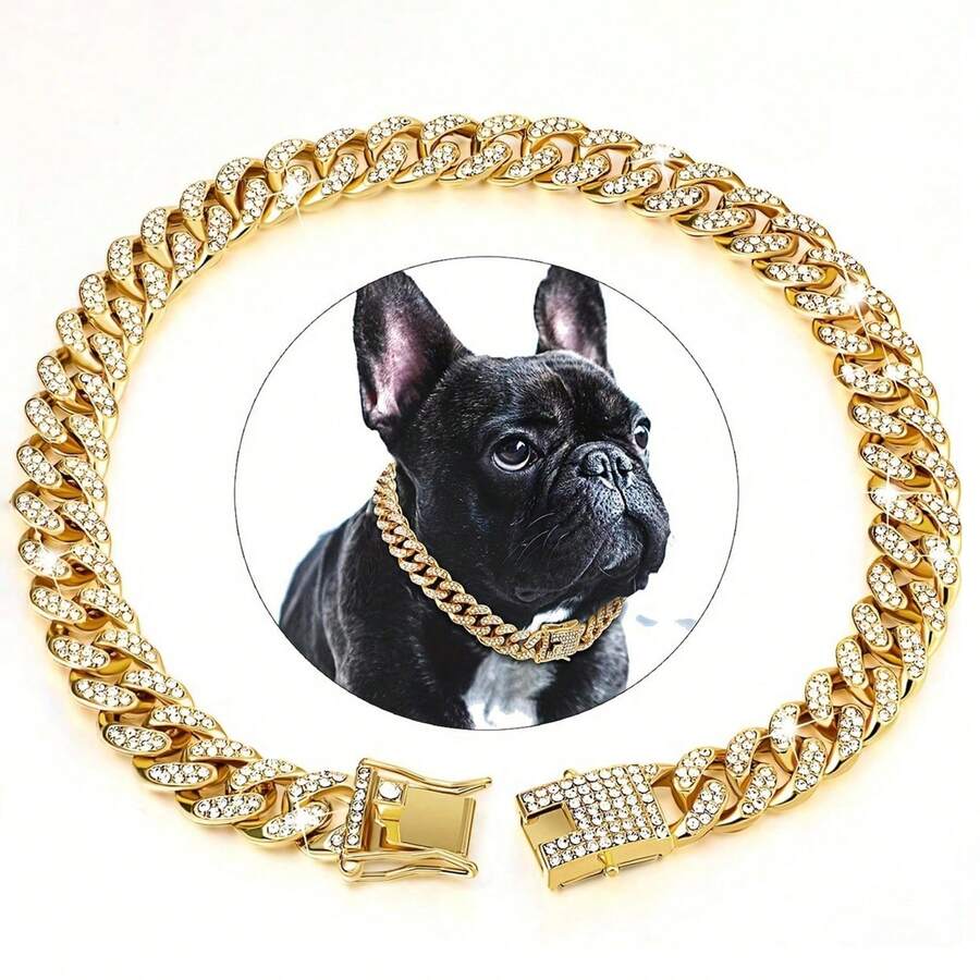 Rhinestone Gold Dog Collar, Hip Hop Style Gold Dog Necklace, Big Gold Chain Cat Collar, Full Rhinestone Fashion Pet Collar - Gold - View 1