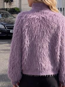 Korean-Style Plush Knit Cardigan – Soft Faux Fur Sweater For Autumn/Winter, Decorated With Fan-Shaped Lace And Pearl Buttons, Comfortable High-Neck Outerwear, Versatile For Daily Wear - Purple - View 5