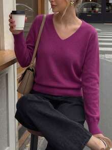 GIGOGOU 女款基礎針織套頭毛衣，柔軟舒適V領休閒針織上衣，極簡風格，秋冬款 - 紫色 - 查看 6