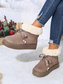 Women's Faux Suede Thick Sole Snow Boots, Foldable Plush Sock Collar With Bow Ribbon And Pearl Pendant Decoration - Grey - View 3