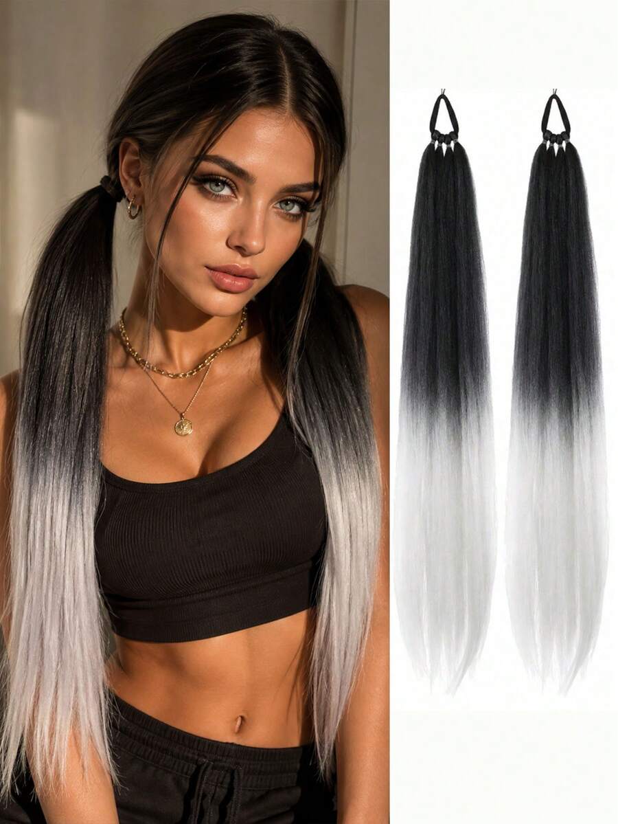 2pcs 28 Inch Straight Synthetic Fiber Ponytail Hair Extensions With Elastic Band, Suitable For Women's Daily Wear - Multicolor - View 1