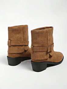 Buckle Strap Suede Mid-Calf Boots, Plus Size Wide Fit Pointed Toe Vintage Casual Women's Ankle Boots - Brownish Yellow - View 3