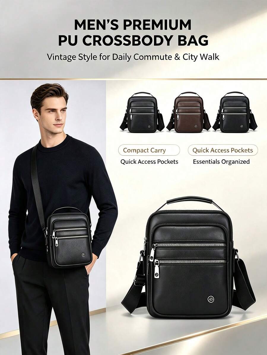 1pc Men's Vintage PU Crossbody Bag, Multi-Compartment Large Capacity Handbag, Business Commute Shopping One Shoulder Small Backpack