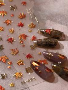 1pc Jelly Foil Gold Autumn Maple Leaf Plant 5D Nail Stickers, Luxury Autumn Leaf Decor, Self-Adhesive Nail Decals, Women's Seasonal Natural Style Nail Art Decoration - Multicolor - View 1
