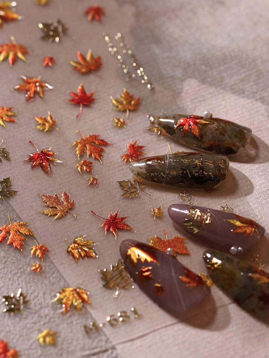 1pc Jelly Foil Gold Autumn Maple Leaf Plant 5D Nail Stickers, Luxury Autumn Leaf Decor, Self-Adhesive Nail Decals, Women's Seasonal Natural Style Nail Art Decoration - Multicolor - View 1