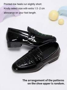 1 Pair Kids Black Crocodile Embossed Glossy Vintage Loafers, Suitable For Wedding Flower Girl, Performance Outfit Matching - Black - View 2