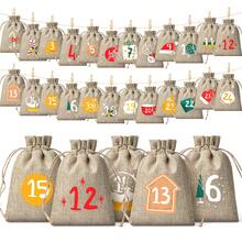 CARRIECUR 24Pcs Christmas Advent Calendar Bags, Simple Color Block Xmas Elements Linen Drawstring Gift Pouches With Number Print, Wooden Clothespins & Jute Twine, DIY Xmas Countdown Candy Treat Gift Sacks - View 1