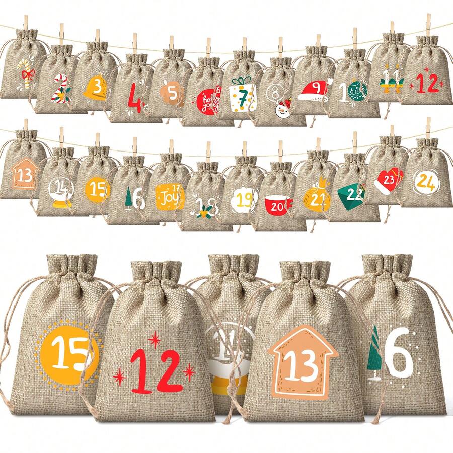 CARRIECUR 24Pcs Christmas Advent Calendar Bags, Simple Color Block Xmas Elements Linen Drawstring Gift Pouches With Number Print, Wooden Clothespins & Jute Twine, DIY Xmas Countdown Candy Treat Gift Sacks - View 1