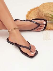 Spring/Summer New Women's Chocolate Brown Thong Sandals, Square Toe Flat Flip Flops, Casual Indoor/Outdoor Slippers - Glossy Chocolate - View 5