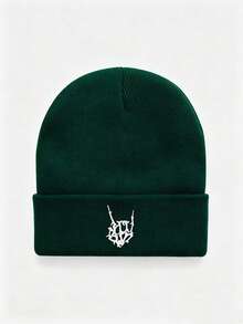 1pc Y2K Gothic Skeleton Rock Gesture Embroidery Knit Beanie, Unisex Streetwear Warm Cuffed Knitted Hat For Halloween Fall Winter - Finger - View 8