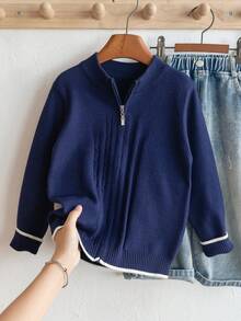Young Boys' Preppy Striped Cable Knit Cardigan Sweater, Suitable For School Daily Wear In Spring, Autumn And Winter - Navy Blue - View 1
