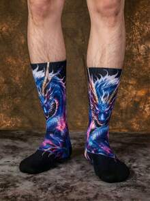 1/3 Pairs Nebula Gradient Dragon Realistic Print Long Socks, Black Base Dirt-Resistant Design, Reinforced Wear-Resistant Toe, Daily Commute Socks, Fun Christmas Gift - Multicolor - View 5