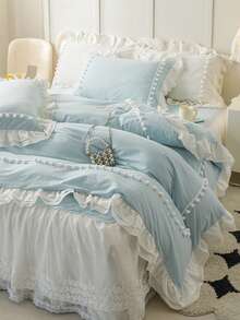 3pcs Skin-Friendly Soft Comfortable Light Blue Pom Pom Lace Double Layer Ruffle Bedding Set (1*Duvet Cover+2*Pillowcases, No Fillers), French Country Style, Lady Style, Girly Style, Bohemian Rural Style, Suitable For Bedroom, Guest Room, Boys And Girls Bedding, Machine Washable, All Season Use - Baby Blue - View 6