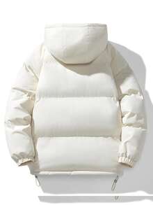 Solid Color Hooded Puffer Jacket Men's Winter Loose Thickened Warm Windproof Short Couple Padded Coat - Khaki - View 3