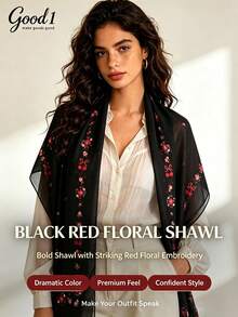 1pc Multicolor Branch & Leaf Embroidered Shawl, Hollow Lace Atmosphere Scarf, Gentle Style Versatile Silk Scarf - Black - View 2
