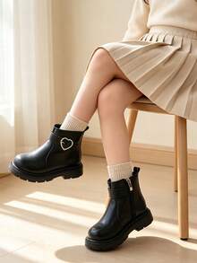 1 Pair Kids Heart Metal Buckle Decor Ankle Boots With Side Zipper Design, Simple Campus Style, Suitable For Outdoor Play, School Commute, Autumn/Winter - Black - View 5