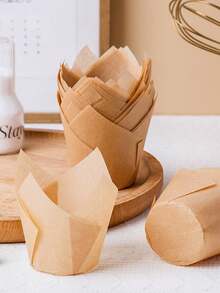 50pcs Tulip Cake Paper Cups Dessert Muffin Cups Flame Cups Disposable Baking High Temperature Resistant Oil-Proof Cake Paper Holders (Printed Pattern Random, Please Do Not Buy If You Mind) - Khaki - View 12