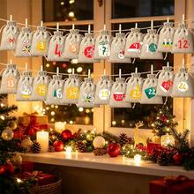 CARRIECUR 24Pcs Christmas Advent Calendar Bags, Simple Color Block Xmas Elements Linen Drawstring Gift Pouches With Number Print, Wooden Clothespins & Jute Twine, DIY Xmas Countdown Candy Treat Gift Sacks - View 2