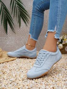 Grey-Blue Faux Suede Lace-Up Sneakers, Women's Soft Flat Casual Retro Training Shoes, Suitable For Daily Walking - Baby Blue - View 2