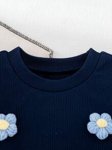 Girls' Casual Fashion Solid Color Striped Patchwork 3D Flower Embroidered Long Sleeve Top And Flared Pants 2-Piece Set For Spring And Autumn - Navy Blue - View 7