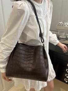 女款鱷魚壓紋托特包，復古深棕色PU皮革單肩手提包，蝴蝶結裝飾大容量休閒通勤包，適合日常上班 - 咖啡 - 查看 3