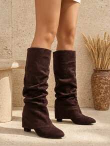 planare Women's Fashion Elegant Slip-On Pointed Toe Stiletto High Heel Ruched Shaft Boots, Loose Western Style Slim Straight Leg Black Tall Boots - Brown - View 8