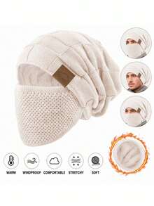 1 buah Balaclava Rajut Kabel Berlapisan Termal Unisex, Topi Pelindung Wajah Penuh Musim Dingin Lembut Elastis Tahan Angin dengan Dekorasi Patch Kulit - MultiWarna - View 9