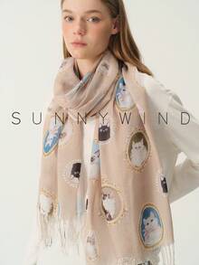 1pc Cute Elegant Sweet Versatile Polyester Printed Scarf With Cat Frame Design For All Seasons Daily Wear - Camel - View 9
