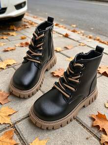 1 Pair Kids Classic Round Toe Side Zipper Boots With Contrast Color Shoelace Decor, Suitable For Holiday Outings, School Commute, All Seasons - Black - View 7