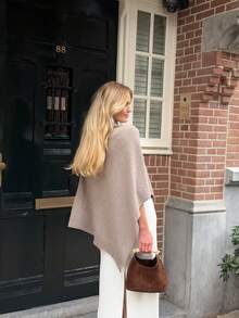 Oatmeal Asymmetric Knit Cape Shawl, Multi-Way Wear Design, Outer Layer, Commute & Vacation, High-End Elegant Elegant Shawl Top - Camel - View 3
