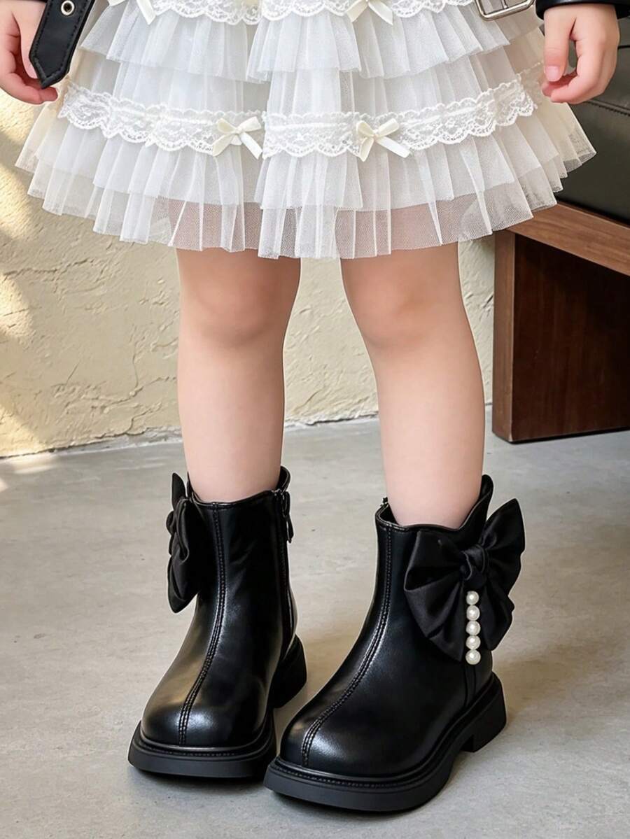 1 Pair Children's Fashion Bow & Pearl Decor Ankle Boots, Simple Leather Upper, Suitable For Dressy Looks, Commuting And Outings, Perfect For Autumn/Winter Styling - Black - View 1