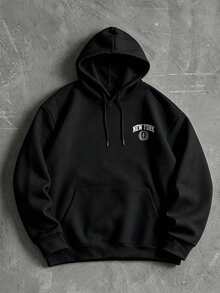 Men's Casual Sports Commute Versatile New York Print Long Sleeve Hooded Pullover Fleece Sweatshirt - Black - View 3