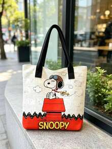 Snoopy 粉色卡通印花帆布托特包，大容量單肩手提包，可愛學生書包，休閒通勤購物包，適合女性與青少年女孩 - C - 查看 2