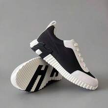 Versatile Casual Men's Shoes, Breathable, Sporty, Luxury Mesh Lace-Up Shoes, Comfortable Knit Upper, Genuine Leather Sneakers - 黑皮白拼色網布 - 查看 2